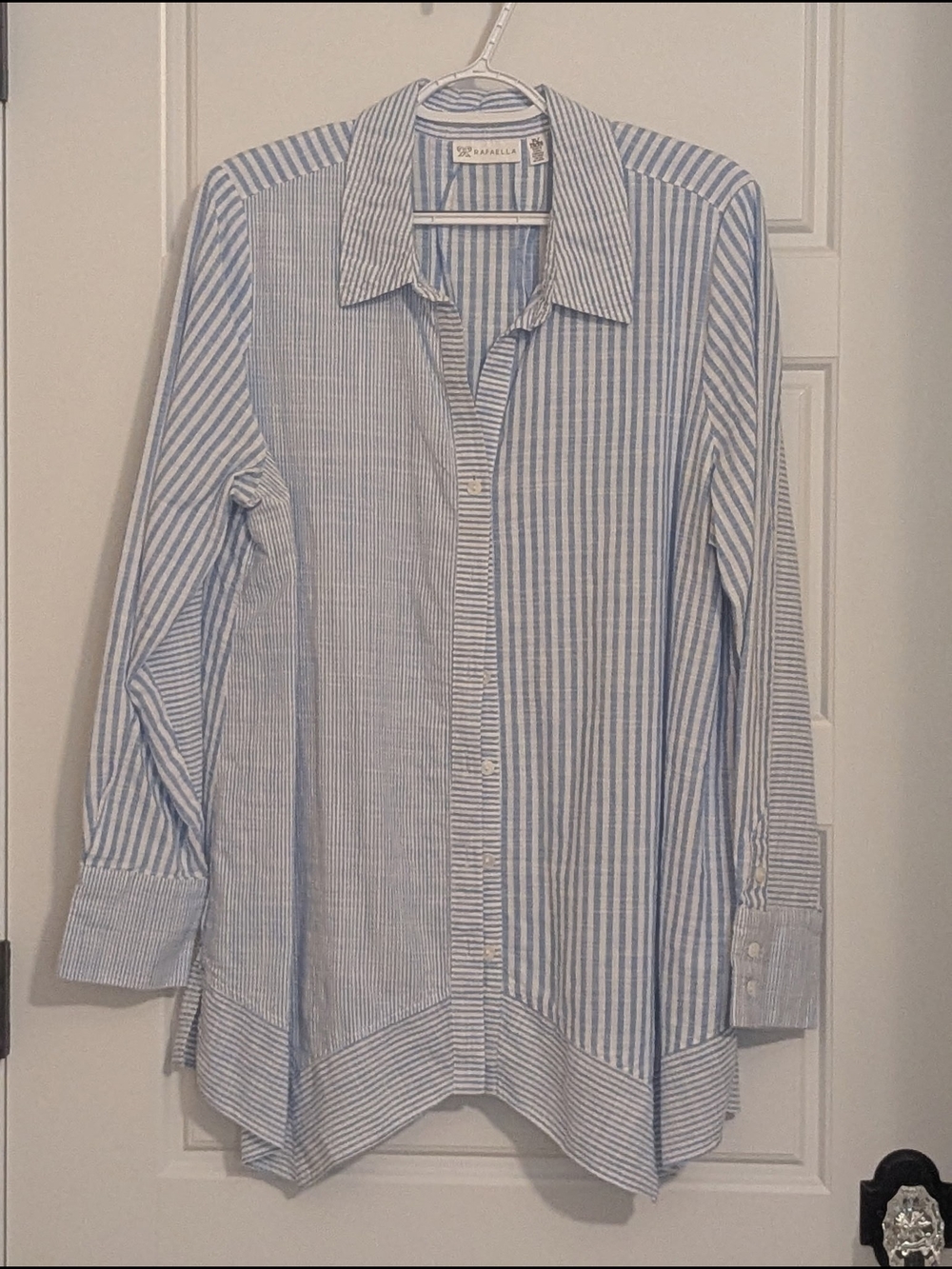 Rafaella Blue White Striped Button Down Shirt XL 100% Cotton High Low Hem